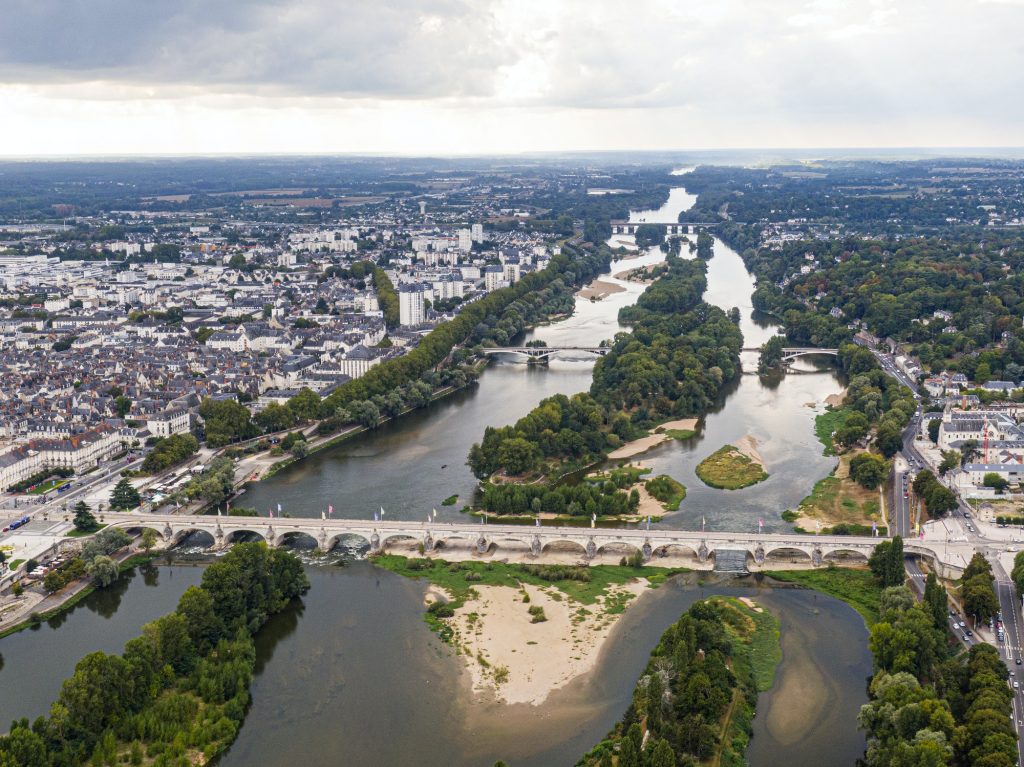 Aerial view of Tours, Bridge Napoleon, bridge Wilson crossing the river Loire, Val-de-Loire, France